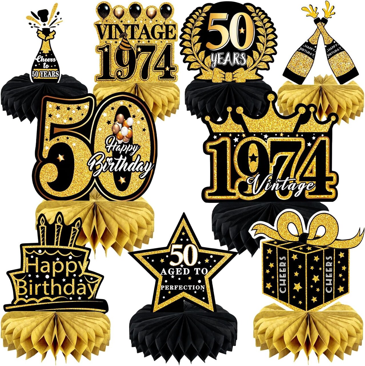 9 Pcs 50th Birthday Decoration for Men Women 50th Birthday Table Decorations Cheers to 50th Birthday Honeycomb Centerpieces 1974 Table Topper Black and Gold 50th Birthday Party Favors